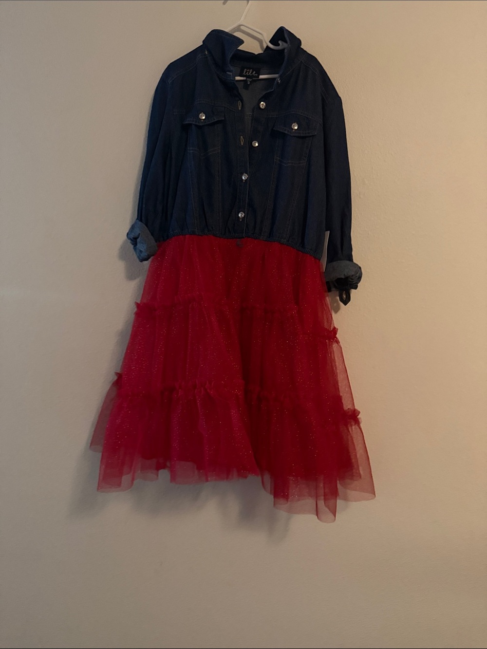 Tulle Navy Button-Front Top with Red Sparkle Tulle Skirt
